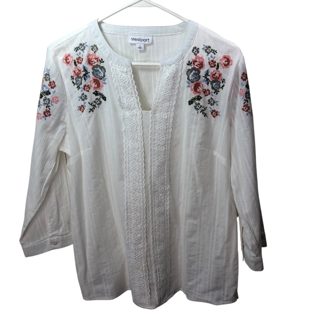 Westport L Blouse Top Cotton Crochet Needlepoint Floral Crochet Boho 3/4 Sleeve - Picture 3 of 8